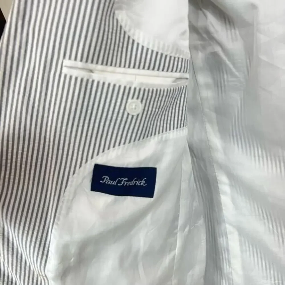 Mens Paul Fredrick Business Causal Suit Jacket White/Gray Striped 41 Regular 41R